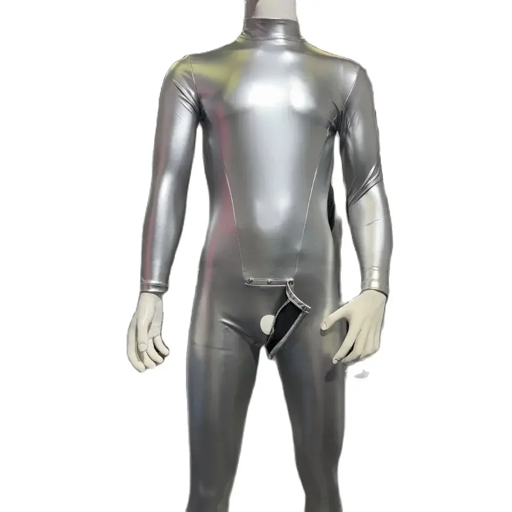خادم الجوارب فو اللاتكس فوتمان Catsuit بولي Leather الجلود ارتداءها الحقيبة محدبة زر المنشعب يوتار تأثيري بذلة Conjoin Unitard