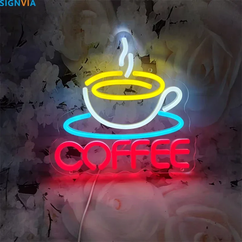 Coffee Cup Shaped LED Neon Wall Sign USB Powered Dimmable Hanging Decor for Coffee Shops, Restaurants & Home Kitchens