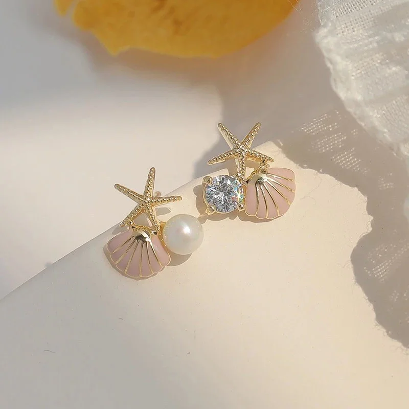 Modische Asymmetrische Ohrstecker im Ozean-Stil Direkt vom Hersteller für Frauen Imitationsperlen Seestern Muschel Ohrringe Zirkon Schmuck Geschenk – Detail 5