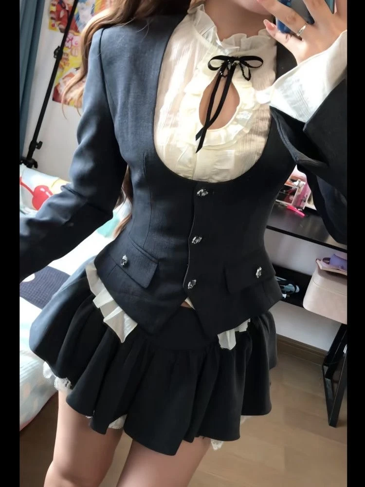 American 2000s Gothic Retro 3 Piece Sets Women Chic Coat + White Shirt + Fluffy Skirts New High Street Harajuku Vintage Outfits - Image 6