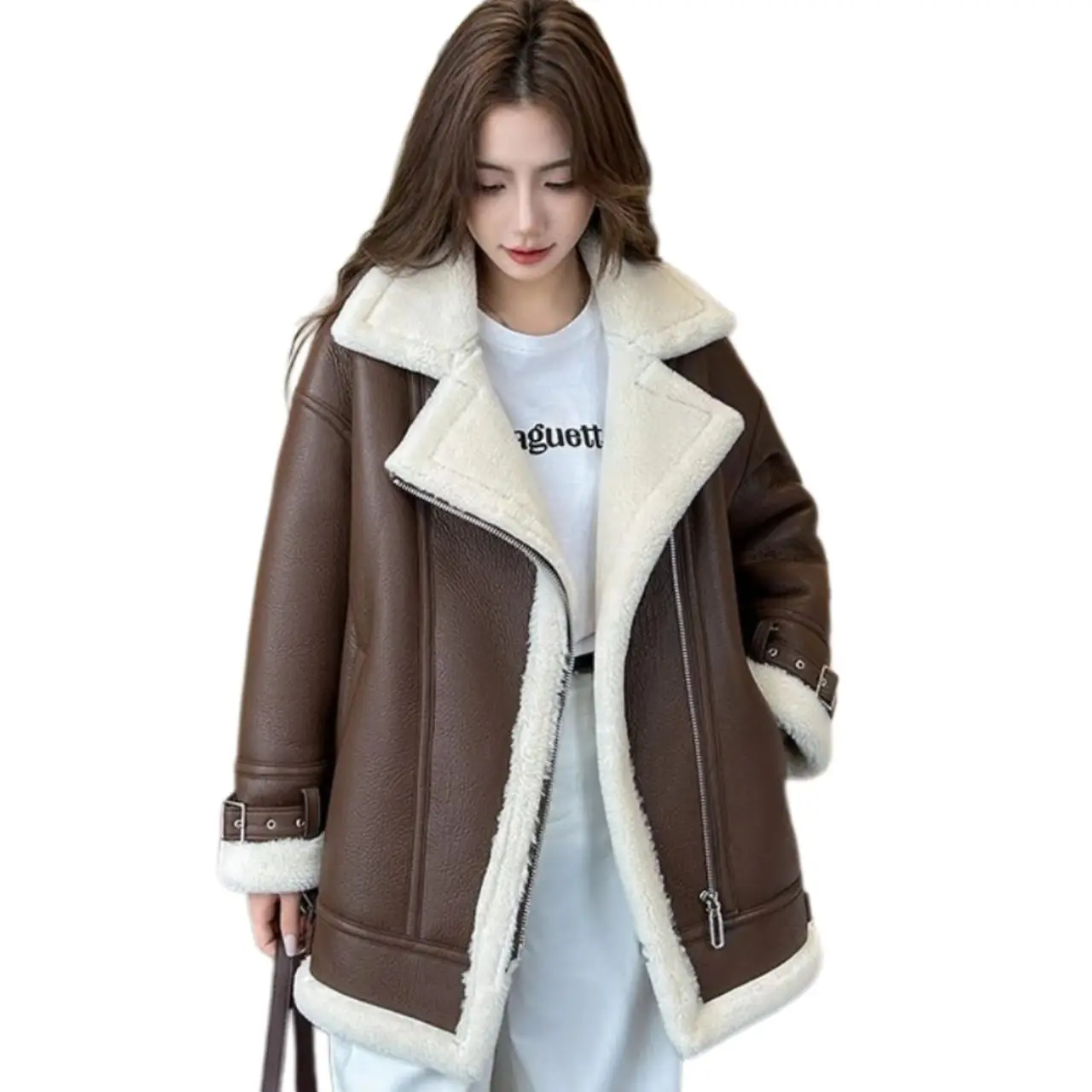 Faux Lamb Fur Coat for Women,Turn-down Collar Faux Moto Leather Jackets,Thicken WarmOutwear,Korean,Female Clothes,New