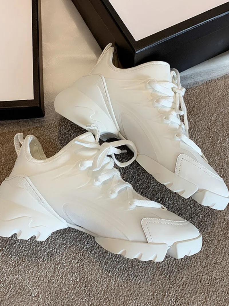 

Leather Dad oes Women's Bow Thi Bot Heightening Street Faion Casual oes round Toe Rubber Outsole