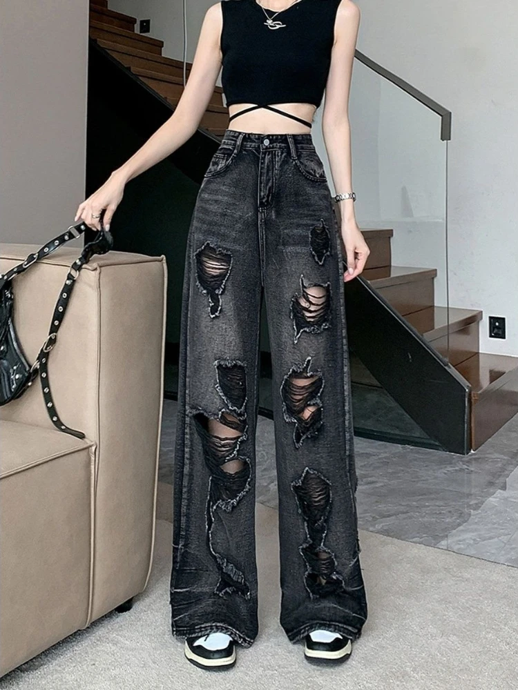 

Men Women Baggy Ripped Jeans Loose Denim Pants Streetwear Hop Wide Leg Trousers Summer Distressed Street Wear
