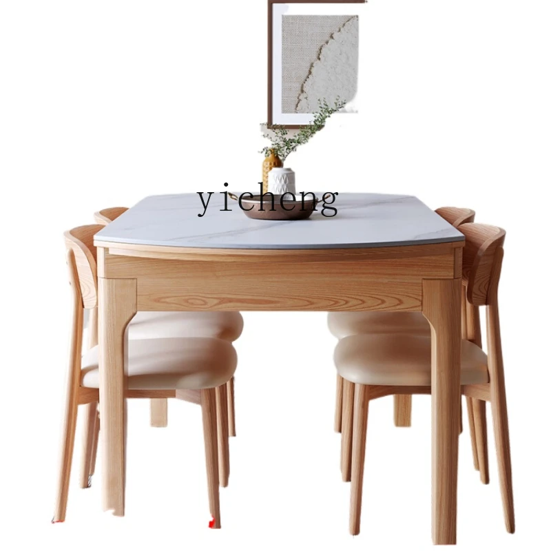 ZC Solid Wood Stone Plate Retractable Dining Table Household Square and round Dual-Use Ash Dining Table Variable round Table