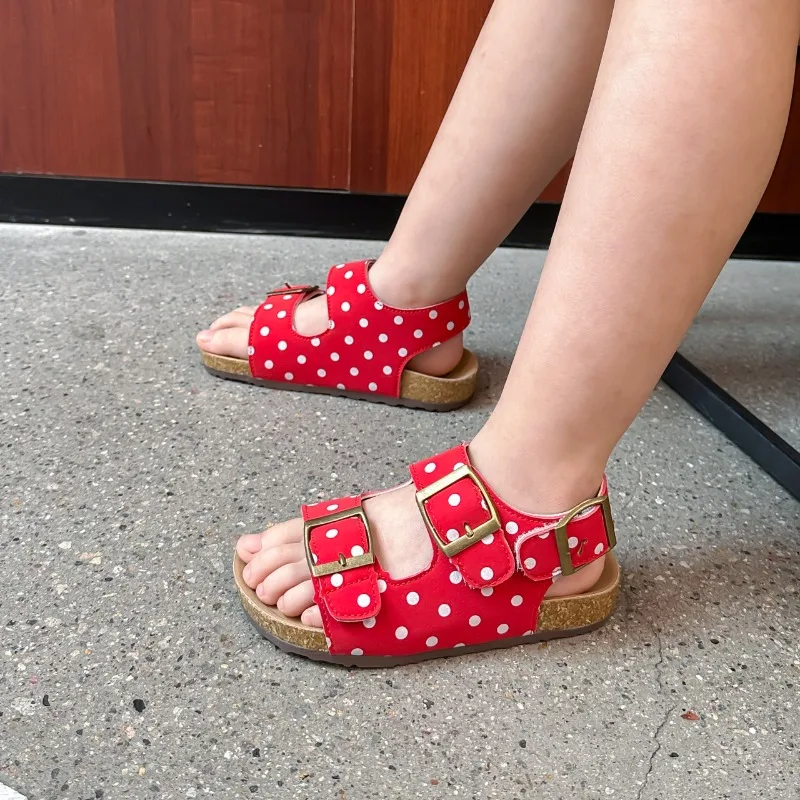 Kids Casual Sandals Girls Polka Dot Leopard Summer Shoes Soft Sole Double Buckle Beach Sandals for Children Outdoor Walking