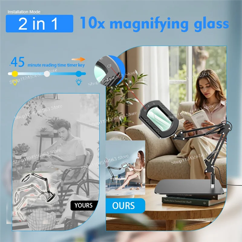​​10X Magnifier with LED Light & Stand, Real Glass Lens, 5 Color Modes & Stepless Dimming for Precision Work​​