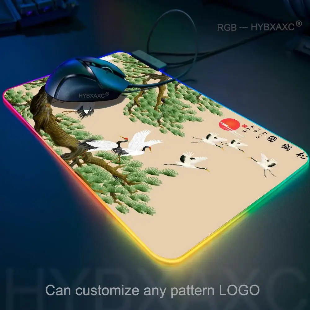 HYBXAXC Mouse Pad Anime Mouse Pad Oriental crane Gaming RGB Gaming Mouse Pad Desk Mat HD Gamer Large LED Light XXL 900x400mm