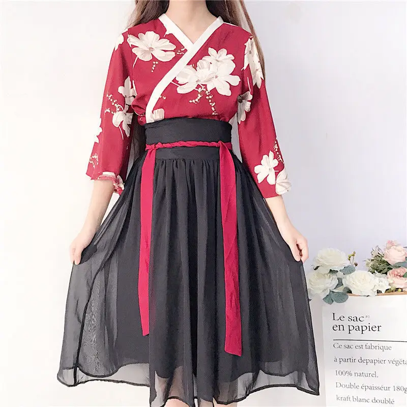 Lolita Kimono Mädchen Cosplay Anime orientalischen Kostüm japanischen koreanischen roten Druck alten asiatischen Kleid Frauen Hanfu Fotografie Kleidung