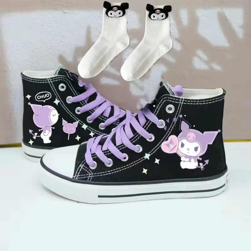 Sanrio Kuromi Lolita Shoes Korean Style Couple High Top Canvas Shoes Boys Girls Student My Melody Print Casual Sneakers 2024 New