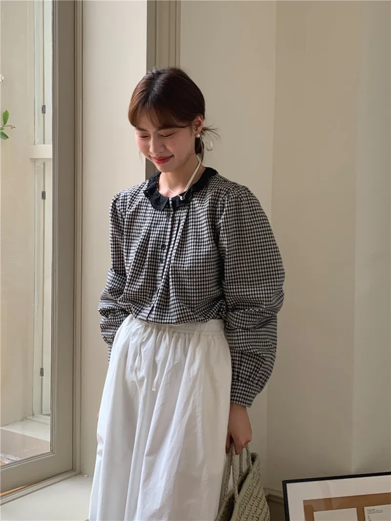 

Korean style Plaid Lace Collar Long Sleeve Shirt, Versatile and Stylish Top