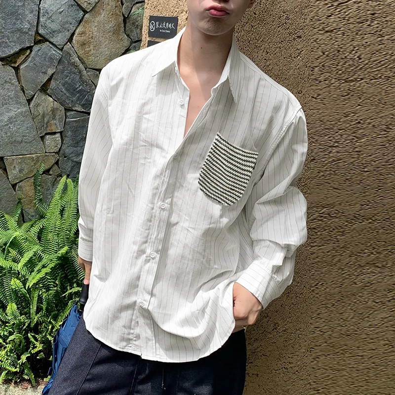 

INCERUN Мужская рубашка в полоску в стиле пэчворк с лацканами и длинным рукавом, свободная мужская одежда, уличная одежда, 2025 г., модные повседневные мужские рубашки в корейском стиле