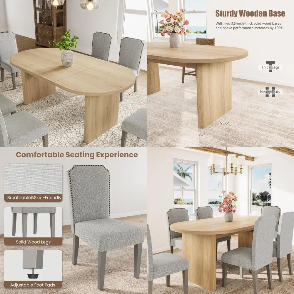 

7-Piece 70.8 Inch Oval Dining Table Set with Upholstered Dining Chairs, Kitchen Table with Wood Base, High Back Dining Chair wit