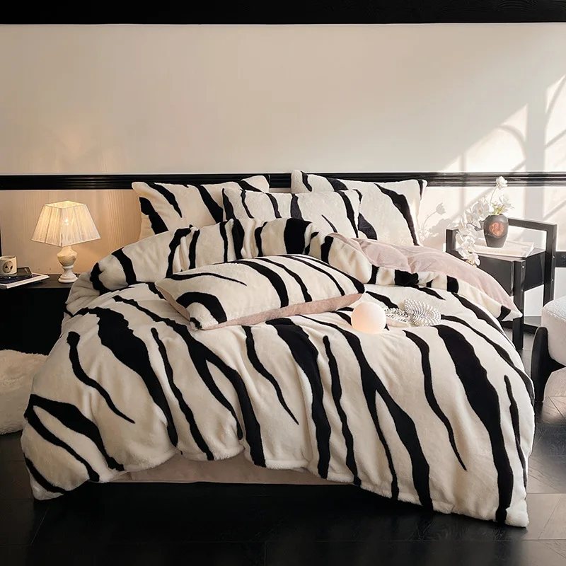 2025 New Zebra Pattern Warm Rabbit Fleece Four-piece Set Winter Milk Fleece Thickened Quilt Cover Sheet Double-sided Fleece