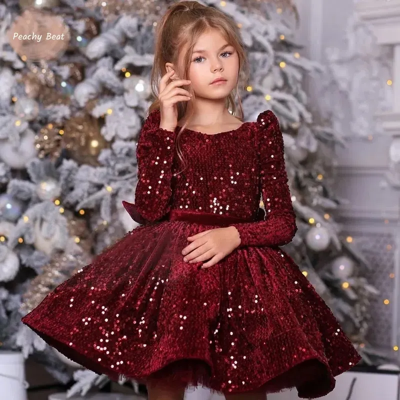 Baby Girl Princess Christmas Sequin Dress Long Sleeve Infant Toddler Child Bow Vintage Winter Evening Gown Baby Clothes 12M-12Y