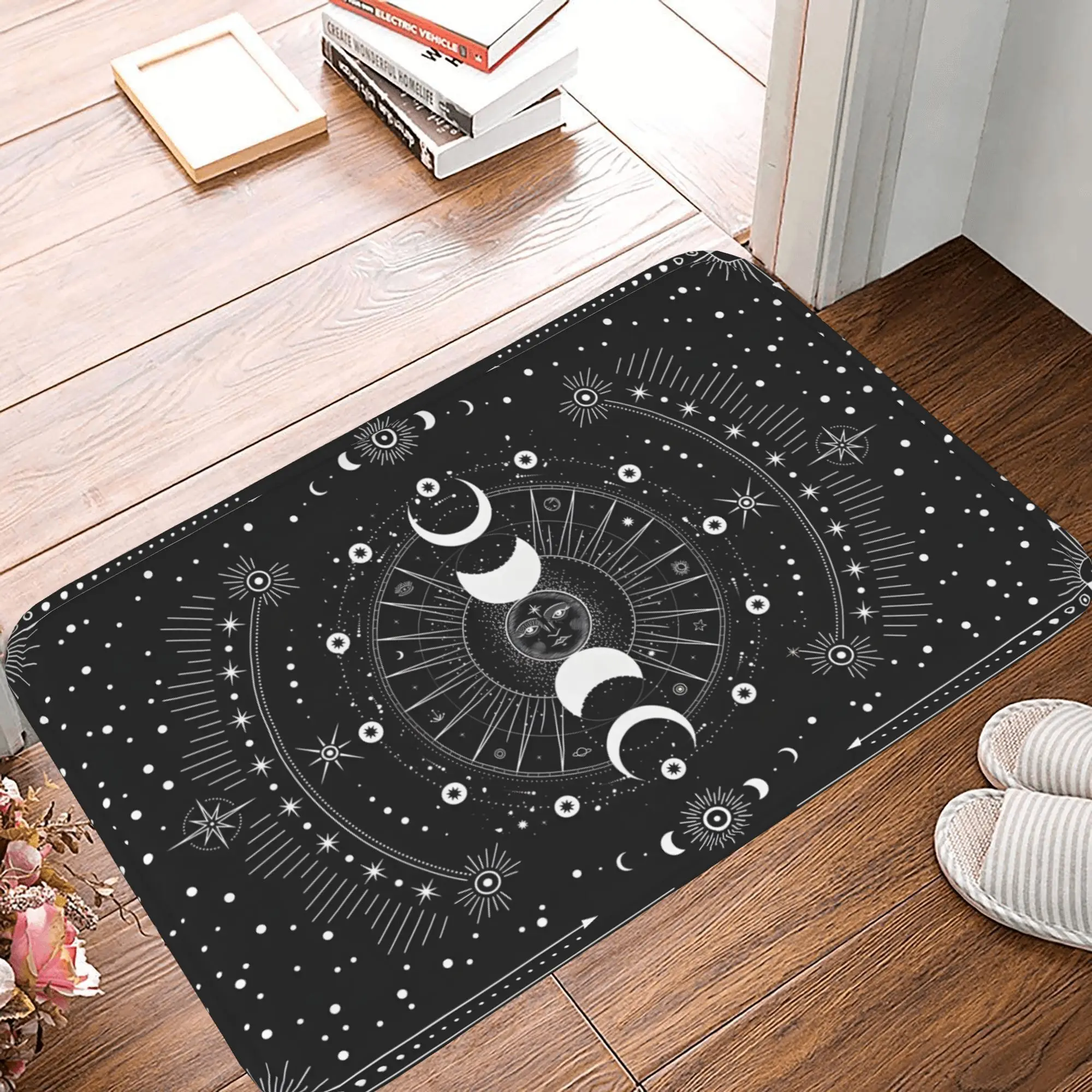 Mystical Celestial Doormat - High-Quality Non-Slip Mat, Black & White Moon Phase Design for Astrology and Home Decor Enthusiasts