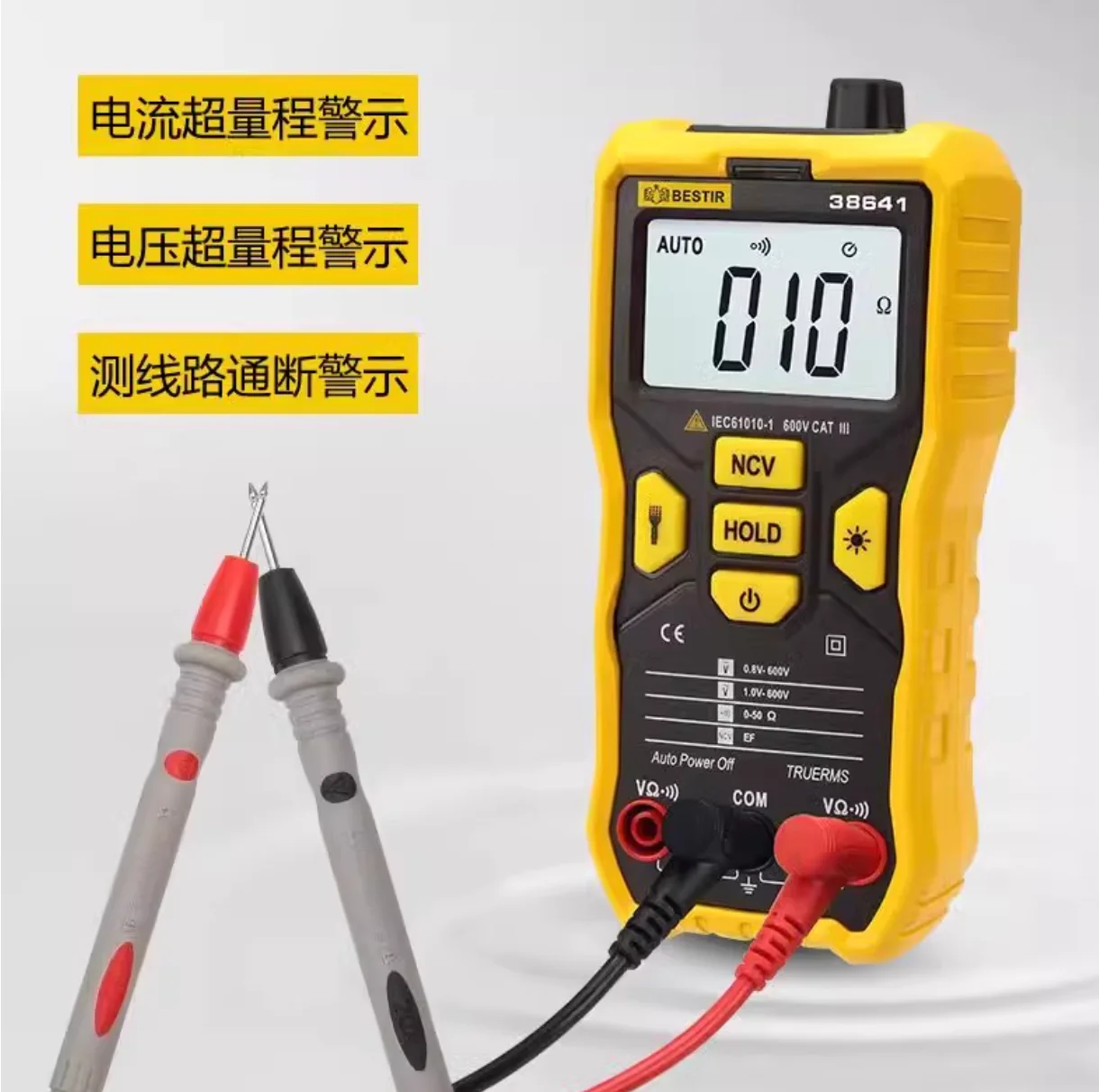 

Мультиметр BESTIR 6F22 9V, интеллектуальный цифровой, 2В/20В/200В/600В, 2000Ом/20КОм/200КОм/2МОм/20МОм, макс. отображение: 1999, NCV