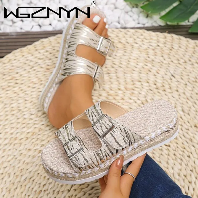 New Luxury Designers Women Fashion Buckle Strap Slippers Ladies Platform Slipper Woman Mid Heel Platform Thick Bottom Flip-flops