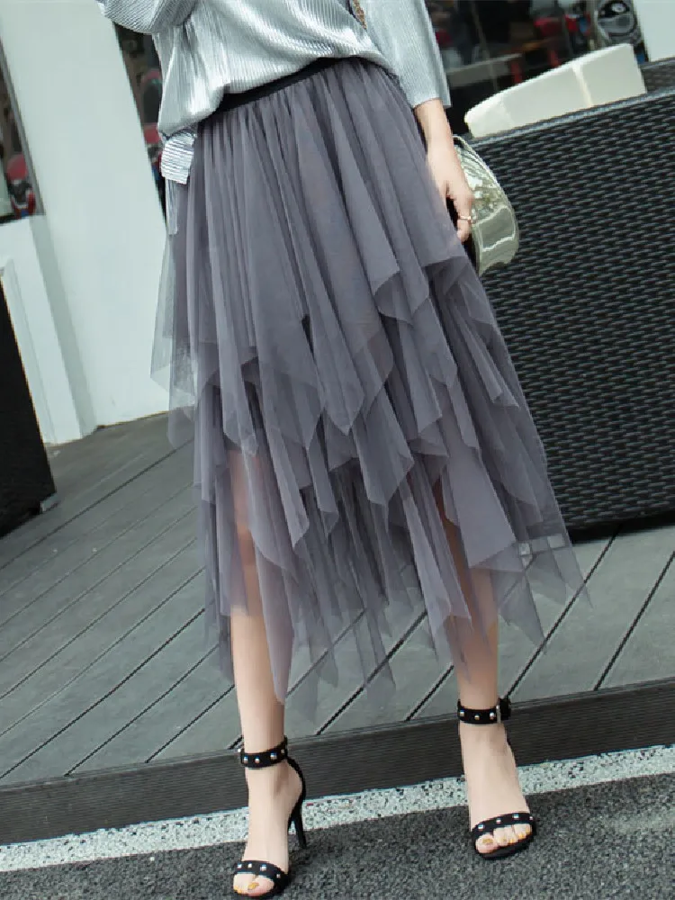 Women Irregular Mesh Skirt Summer Vintage Elastic Waist Pleated Mid Long Asymmetrical Skirt Korean Clothes