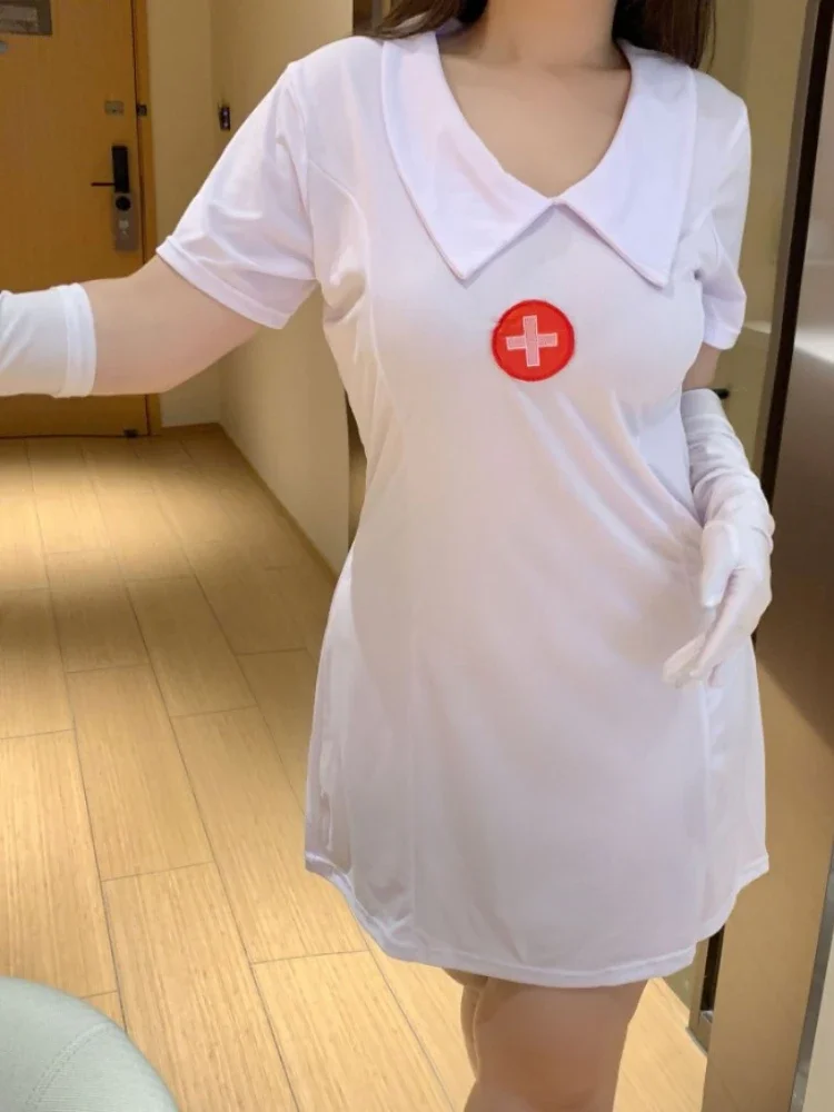 

Plus Size Nurse Cosplay Erotic Lingerie Women Angel In White Anime Doctor Uniform Female Adult Sex Porn Dress with Gloves