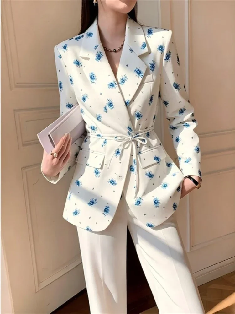 New Spring  Autumn Lace Up Long Sleeved Suit with Printed Collar for Women's Suit Top Elegant Fashionable Women's Coat