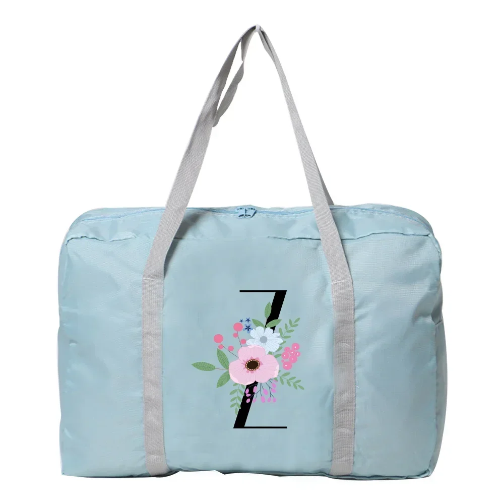 حقيبة سفر محمولة مع سلسلة طباعة نمط حروف الزهور قابلة للطي ومحمولة ومقاومة للماء ومتينة ذات سعة كبيرة