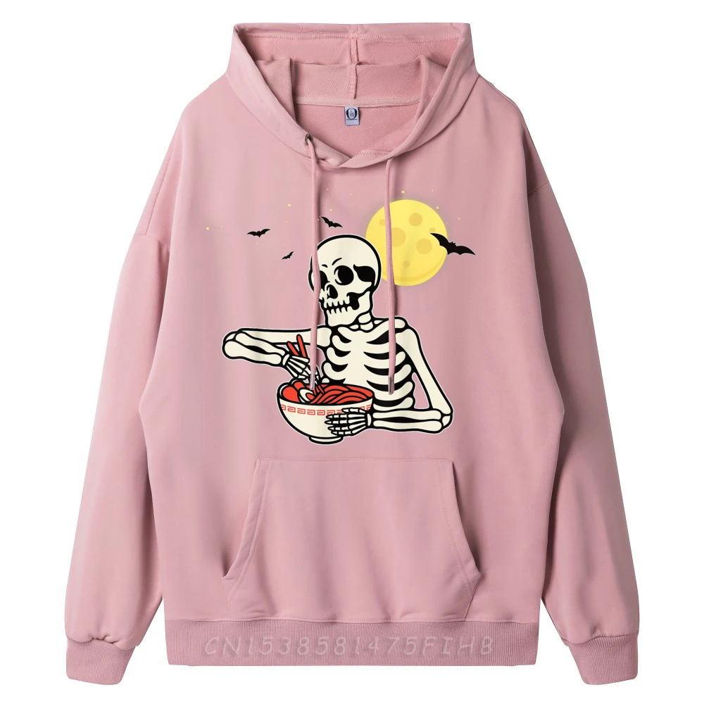 Funny Halloween Kawaii Skeleton Japanese Ramen Noodles Brand Clothing Long Sleeve Hoodie Men Oversized
