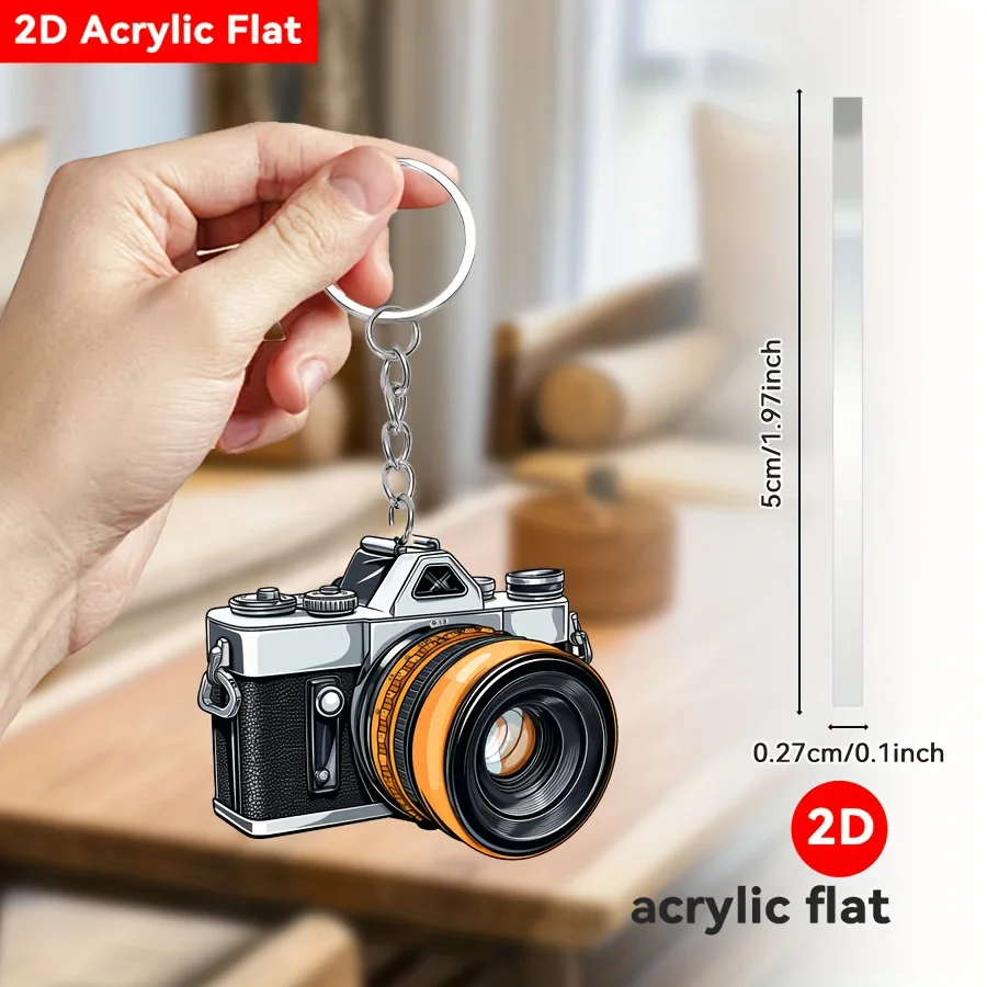 2D Vintage Camera Keychain Acrylic Hanging Ornament Decorative Car Pendant for Keys Interior Mirror Accessory Halloween Present
