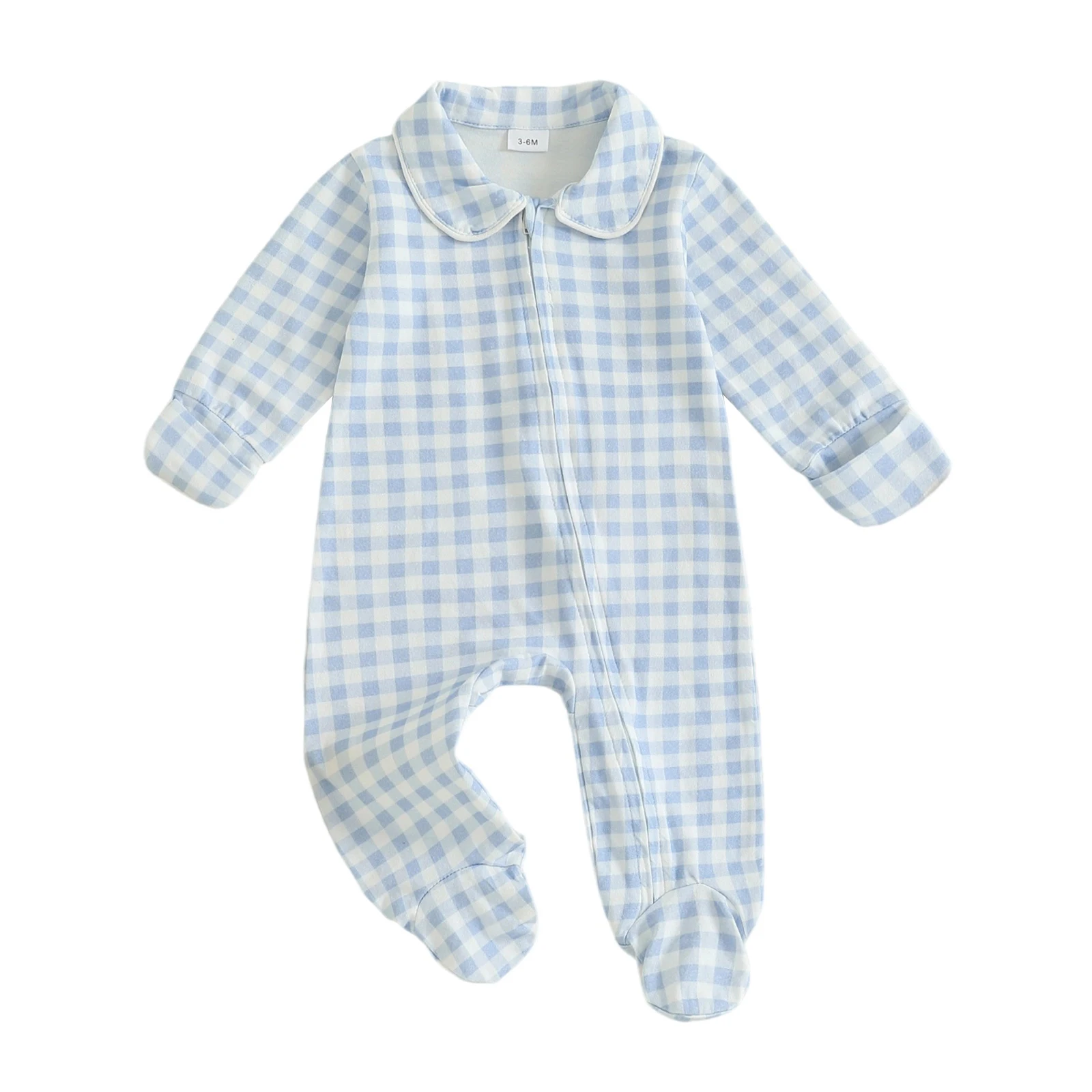 

Newborn Baby Fall Romper Plaid Print Doll Collar Long Sleeve Zip Up Footed Jumpsuit