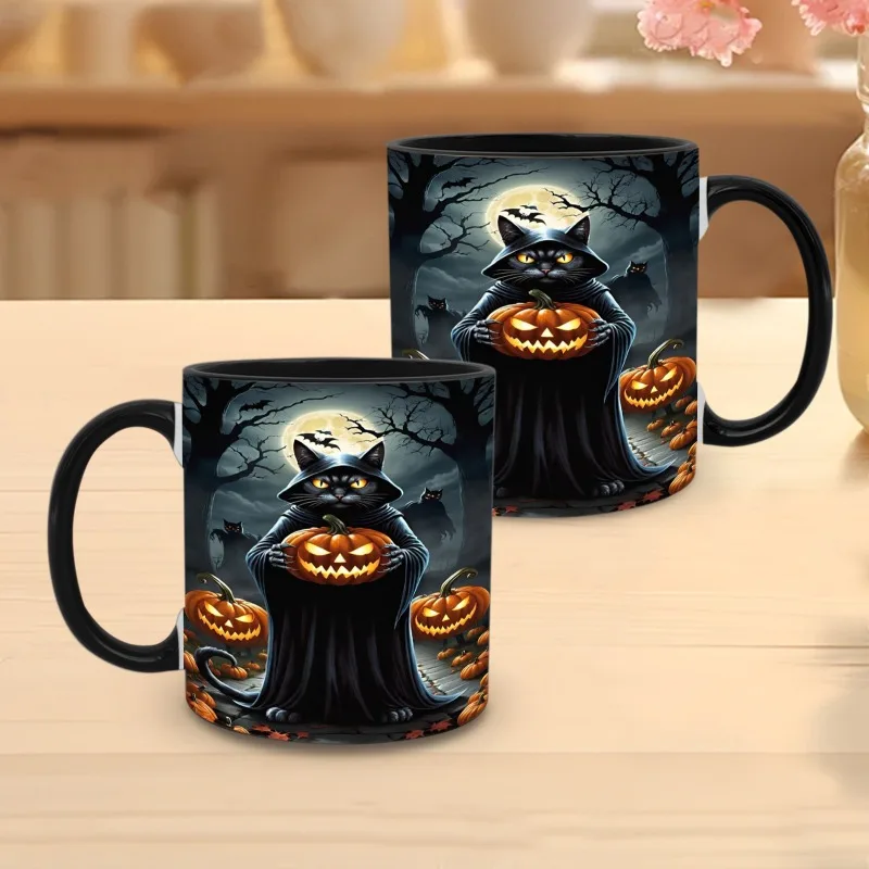 1pc 1pcs 11oz Gothic Ceramic Mug with Wizard, Black Cat, Bat & Pumpkin - Dark-Themed Coffee Cup Suitable for Holiday Parties, Dishwasher Cup for Tea, Cocoa, Gifts - for Hot Drinks, Witchy Decorations