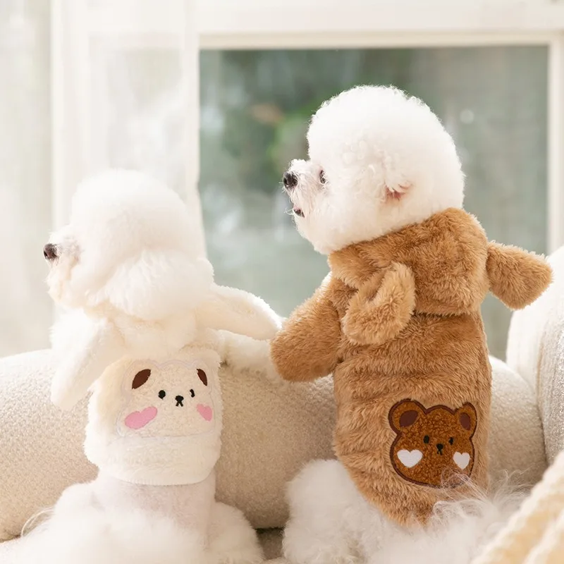 

Cute Bear Hoodie Winter Thickened Warm Dog Clothing Puppy Two Legs Cotton Coat Teddy Bichon Coat Pet White Clothes