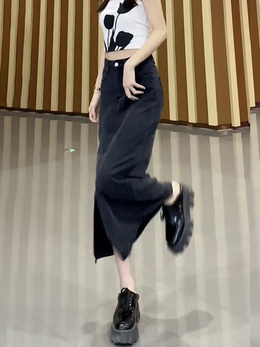 กระโปรงทรงเอเอวสูงความยาวปานกลาง ผ้าเดนิม ผ้าไหมน้ำแข็งบางเบา ไซส์ใหญ่ แฟชั่นฤดูร้อนสำหรับผู้หญิง สไตล์หวานแบบนักเรียน