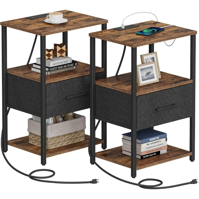 

Nightstands Set of 2, Side Tables with Charging Station, End Tables, Bedside Tables with Cloth Drawer, Couch Tables,