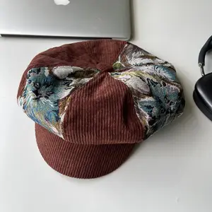 Women's Caps retro puppy patchwork beret fashionable jacquard corduroy artist octagonal hat Cap H303
