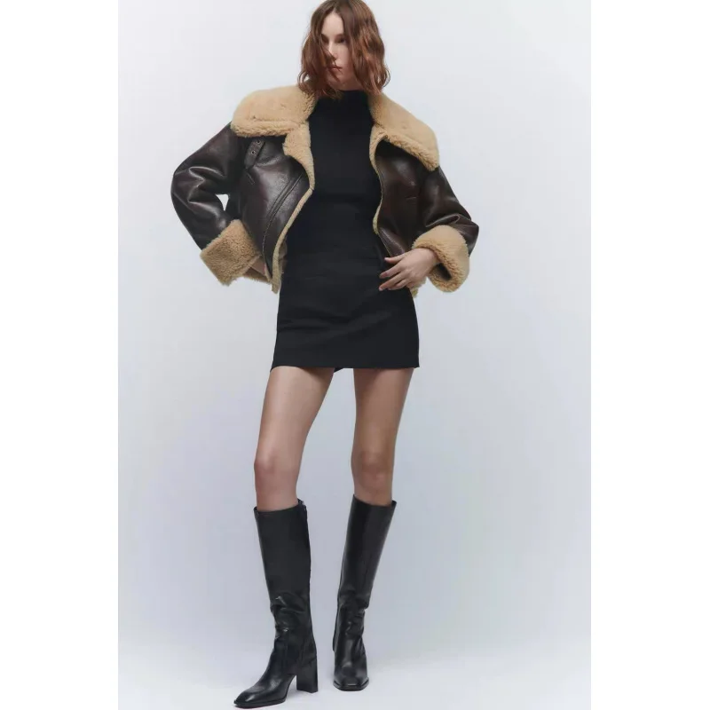 เสื้อแจ็คเก็ตสั้นซิปคอปกพับได้ สีพื้น บุขนหนา สไตล์สตรีทใหม่ ฤดูใบไม้ร่วง-ฤดูหนาว 2025 สำหรับผู้หญิง