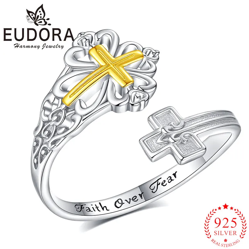 Eudora – bague réglable en argent Sterling 925 pour hommes et femmes, bague Faith Over Fear, bijoux chrétiens catholiques, cadeau religieux