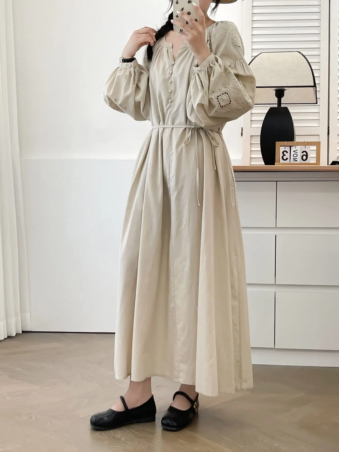 New Summer Cotton Long Sleeve Dresses, Woman O Neck Hollow Out, Mori Girl Casual French Sweet Loose Dress, 2024 Autumn D48124QC