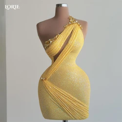 LORIE Gold Gelb Cocktail Party Kleid Eine Schulter Bodycon Glänzende Perlen Mini Prom Kleid Saudi-Arabien Dubai Abendkleid Angepasst