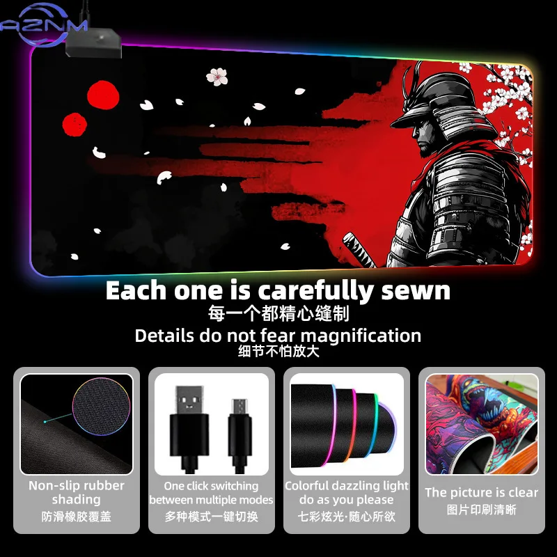 Alfombrilla de ratón grande Contour E-Sports estilo samurái japonés con borde cosido para oficina y juegos.