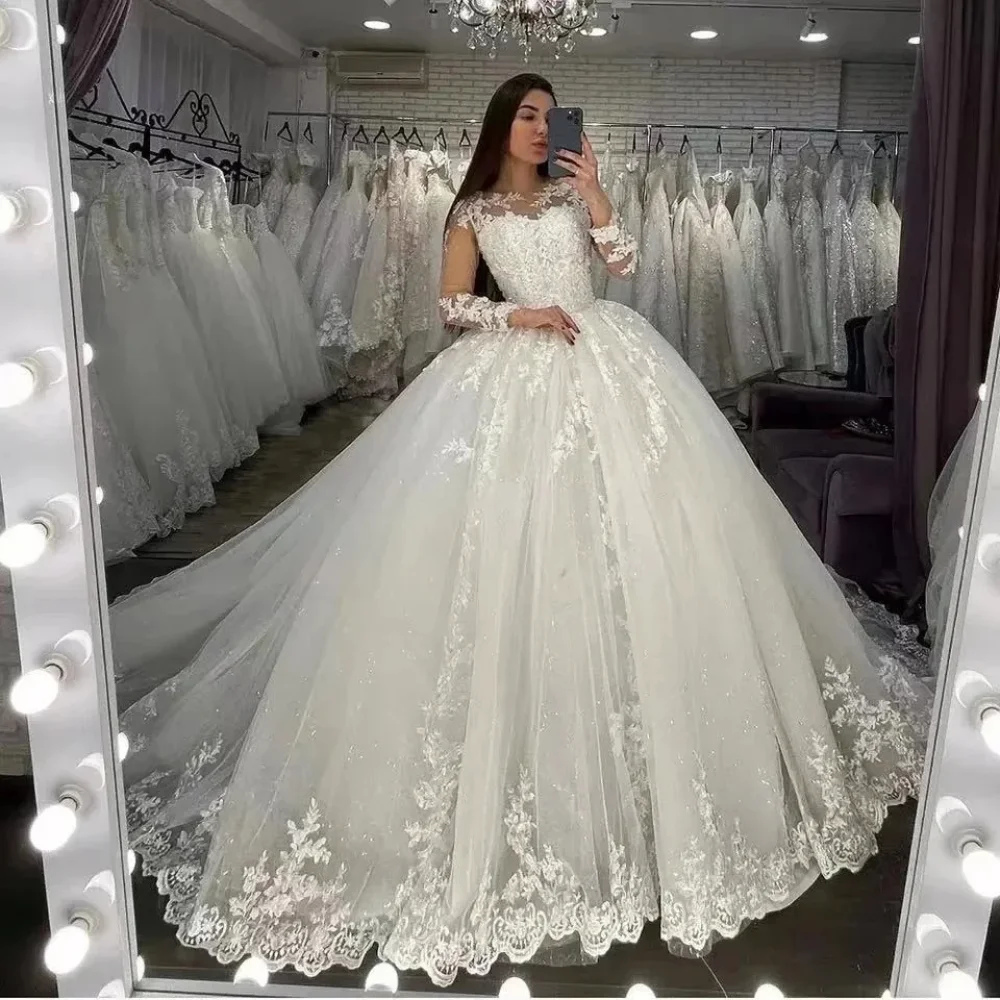 Luxury O-neck Wedding Dresses Appliques Long Skin Color Sleeves Lace Corset and Button Back Bridal Gown Vestido De Novia