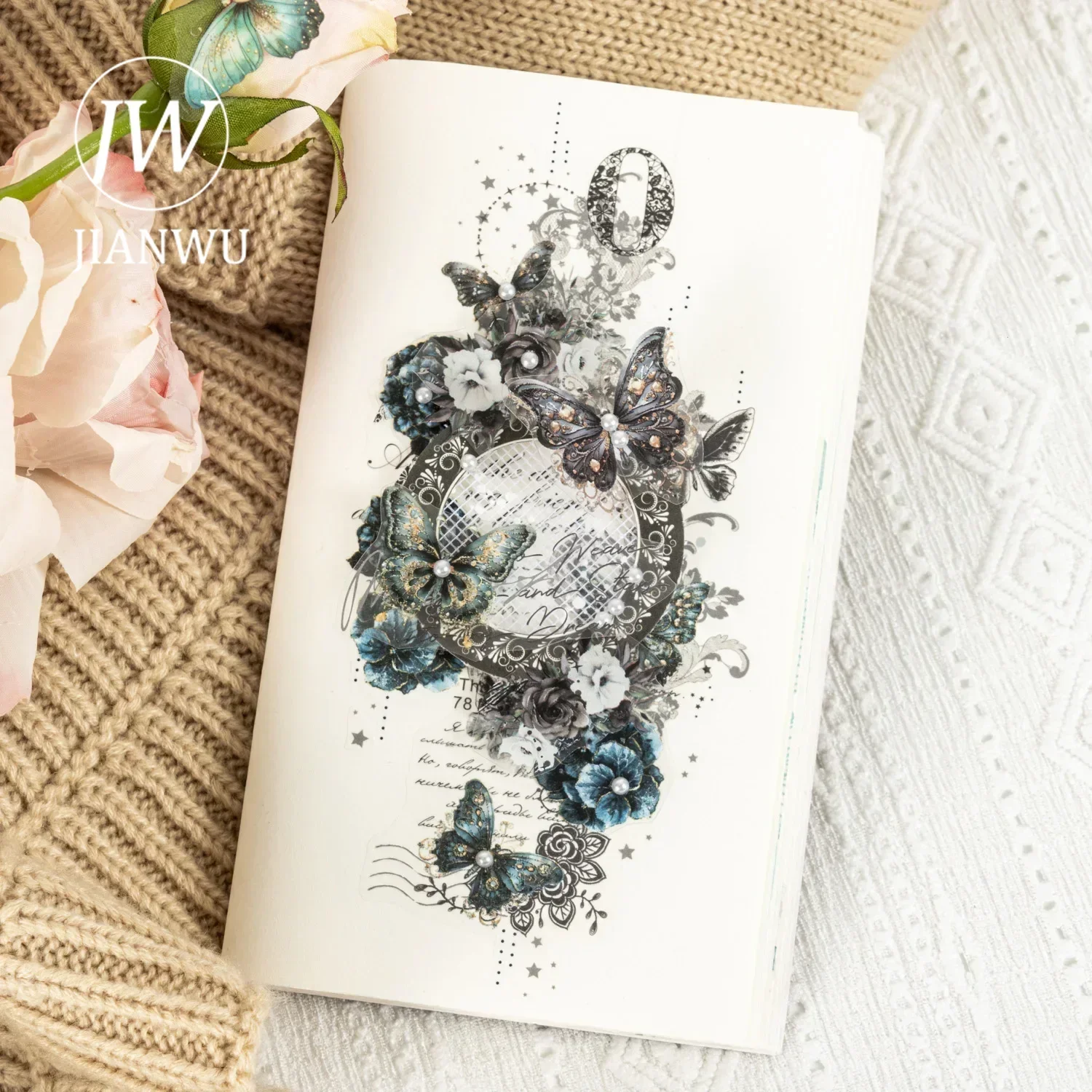 JIANWU The Butterfly in Her Hand Series Vintage Character Lace Material Collage Sticker Book Creative Journal Stationery