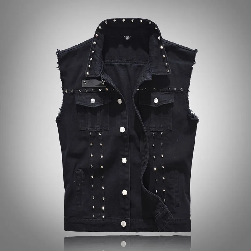 

New 2023 Denim Vest Men Punk Rock Rivet Black Jeans Waistcoat Fashion Male Motorcycle Style Sleeveless Red Cowboy Gilet Coat New