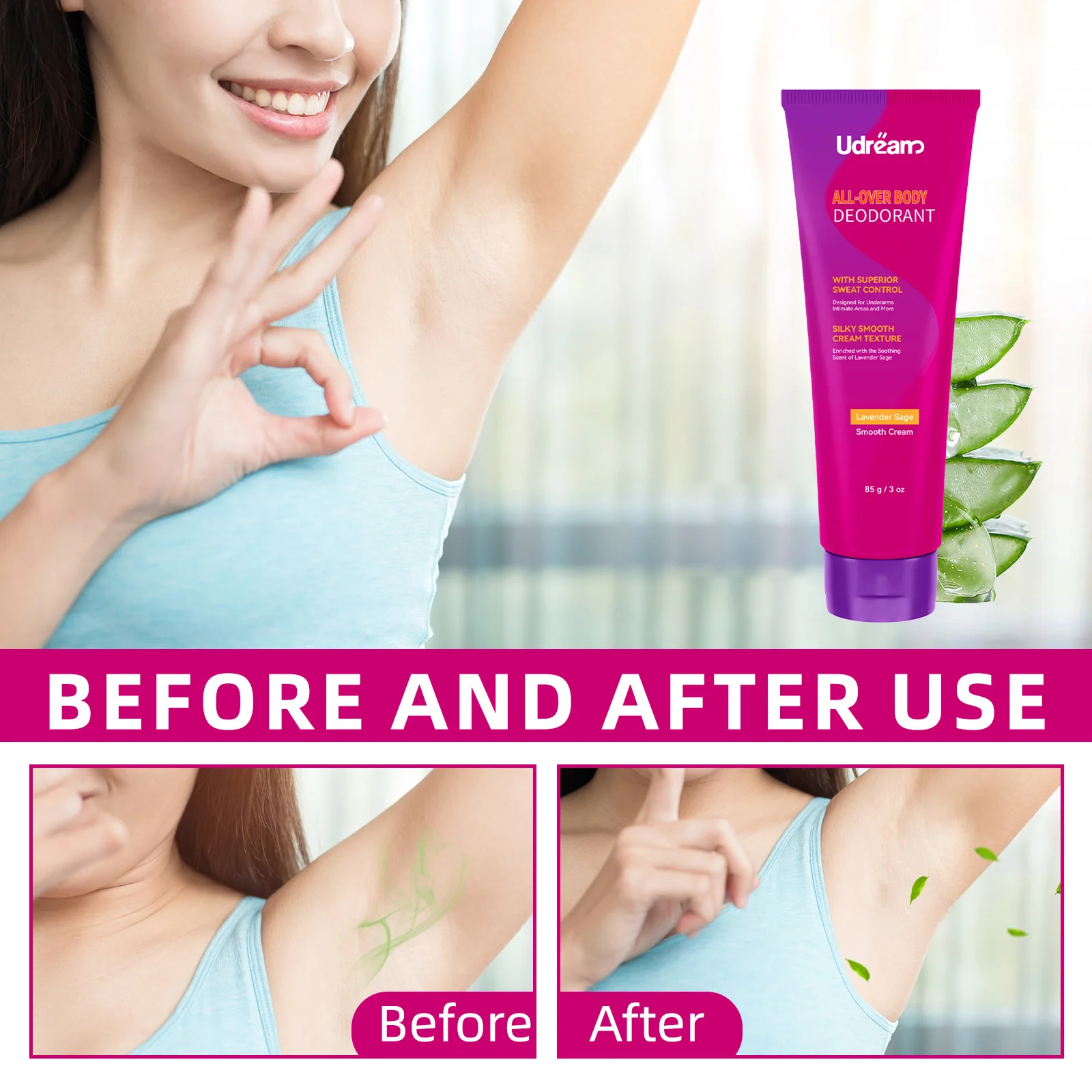 Udream 85g Crema Deodorante Corpo All-Over Lavanda Salvia |   Controllo del sudore e degli odori 24 ore |   Liscio come la seta per ascelle e aree sensibili