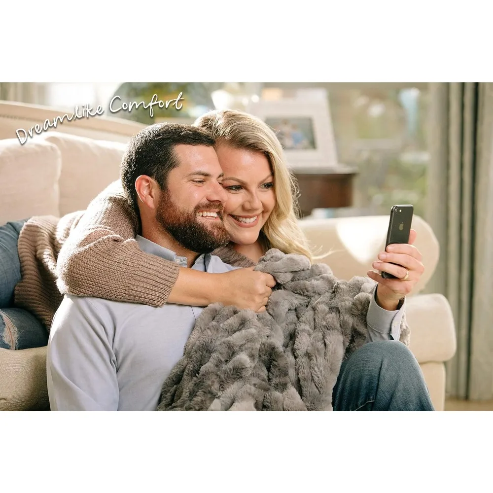 Premium Ruched Faux Fur Throw Blanket Reversible Mink Dark Gray Soft Cozy for Couch Bed