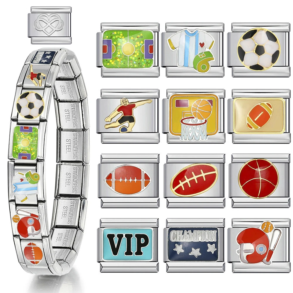 1pc Italian Charm Bracelet Football Basketball Soccer Jersey Fun Pattern Stainless Steel DIY Making Elastic Link Chain Jewelry