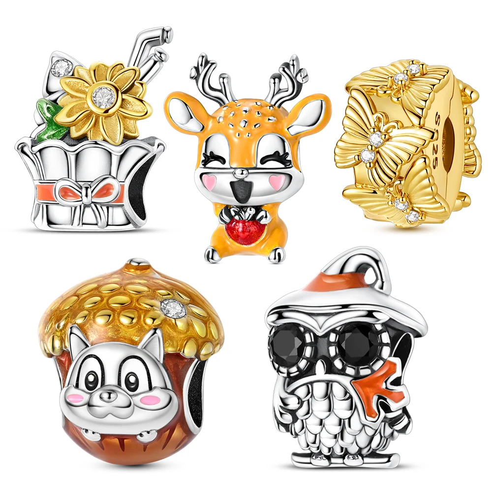 

925 Sterling Silver Deer&Pinecone&Sunflower Cake&Golden Butterfly&Owl Maple Leaf Beads Fit Brand Bracelet Animal Series Charm