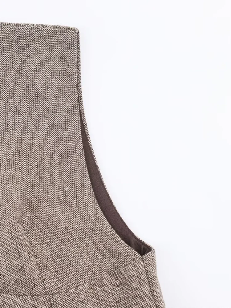 European-style new women's fashion versatile and elegant solid color deep V-neck sleeveless slim waist wool shorts dress