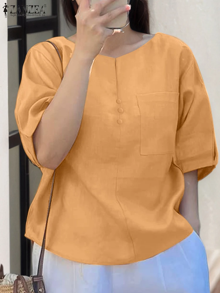 

ZANZEA Summer Blouse Women Fashion Tops Half Sleeve Solid Color Shirts 2025 O-Neck Casual Loose Pocket Vintage Blusas Femininas