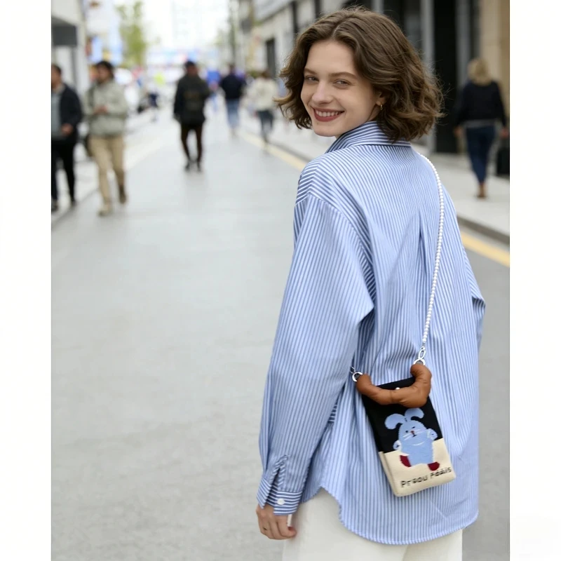 

DAYIFUN Women's Knitted Shirt with Bag Solid Color Lapel Single Breasted Famale Shirts Spring Casual Woman Button DownTop