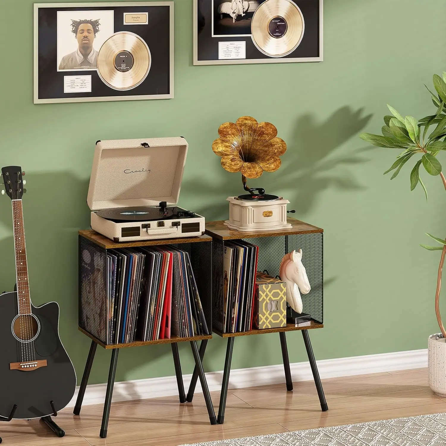 CD Rack Iron Wood Storage Table | Vinyl Record Player Stand Organizer | Adjustable Divider Disc Holder Living Room