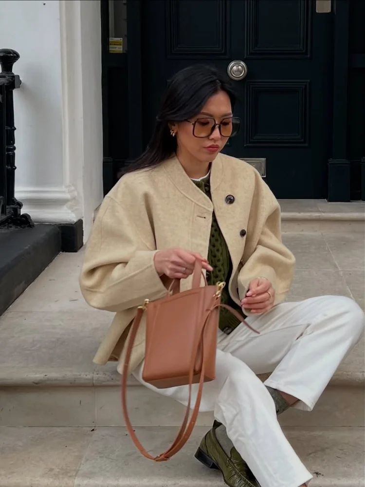 

Yellow Wool Jackets Women Casual Loose Fit Single Breasted Round Neck Coat Long Sleeve Autumn Street Style Commute Outerwears